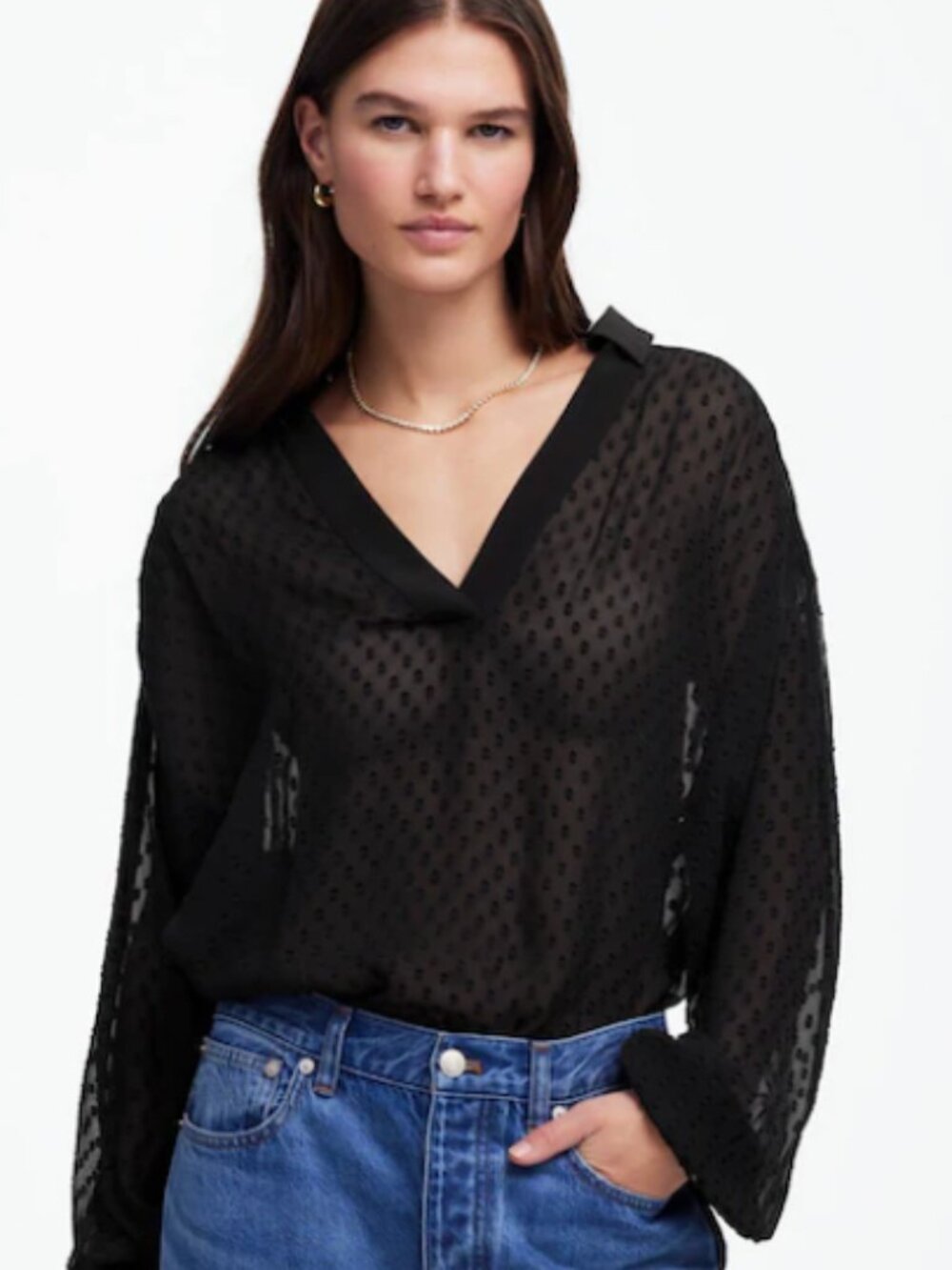 NWT Madewell Black Long-Sleeve Popover Top Size Small